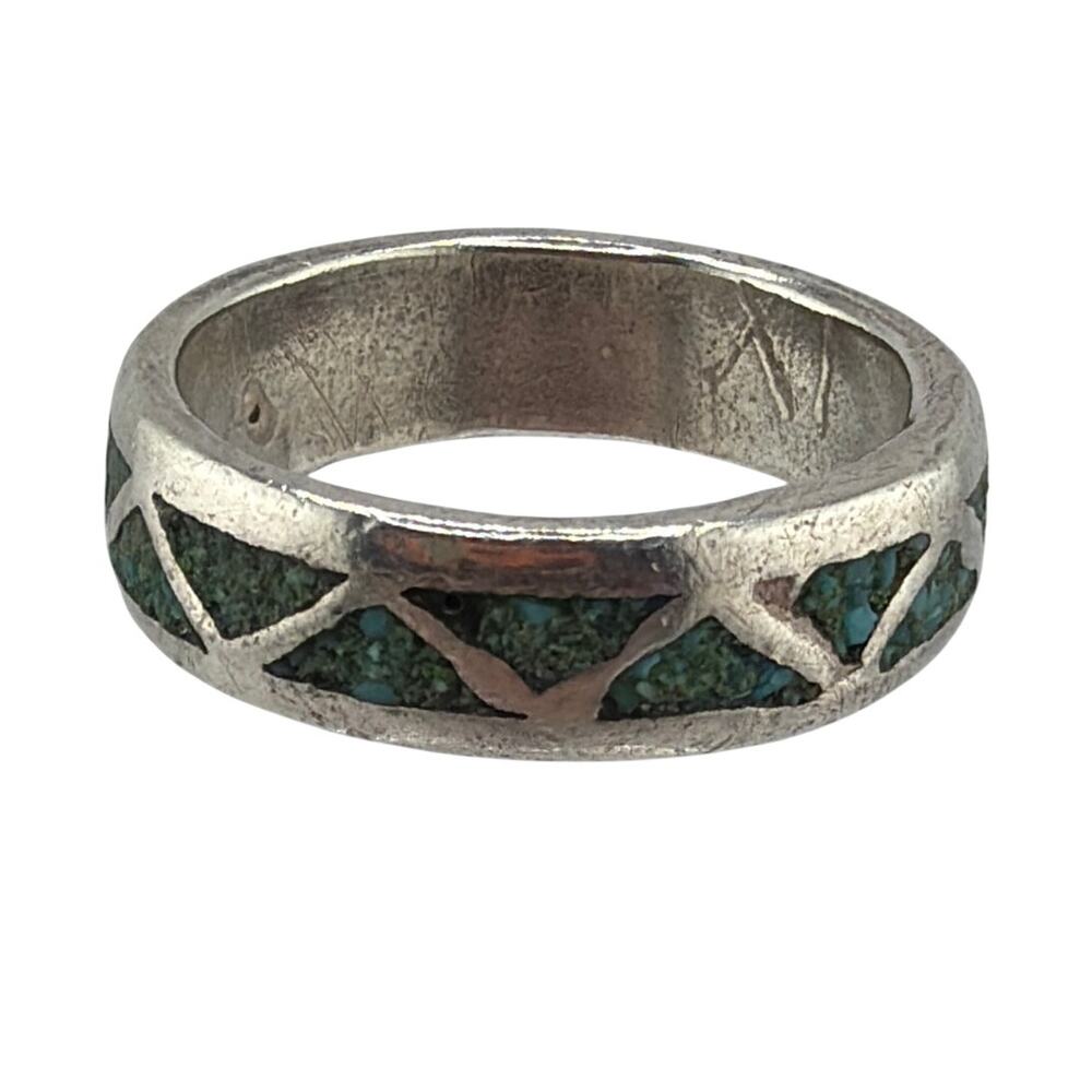 Vintage Southwestern Sterling Silver Geometric Chip Inlay Wedding Band 8.5